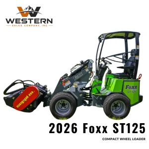 2026 Foxx ST125 Compact Wheel Loader with attachment on white background