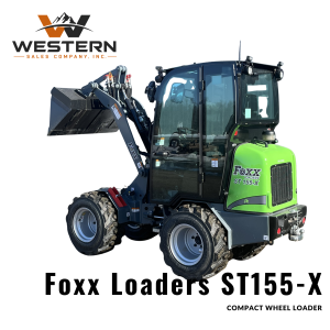 Foxx Loaders ST155-X Compact Wheel Loader with enclosed cab and front bucket attachment
