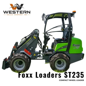 Side profile of Foxx ST235 Compact Wheel Loader with heavy duty brush cutter attachment