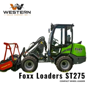 Foxx ST275 Compact Wheel Loader with forestry mulcher attachment working in open field